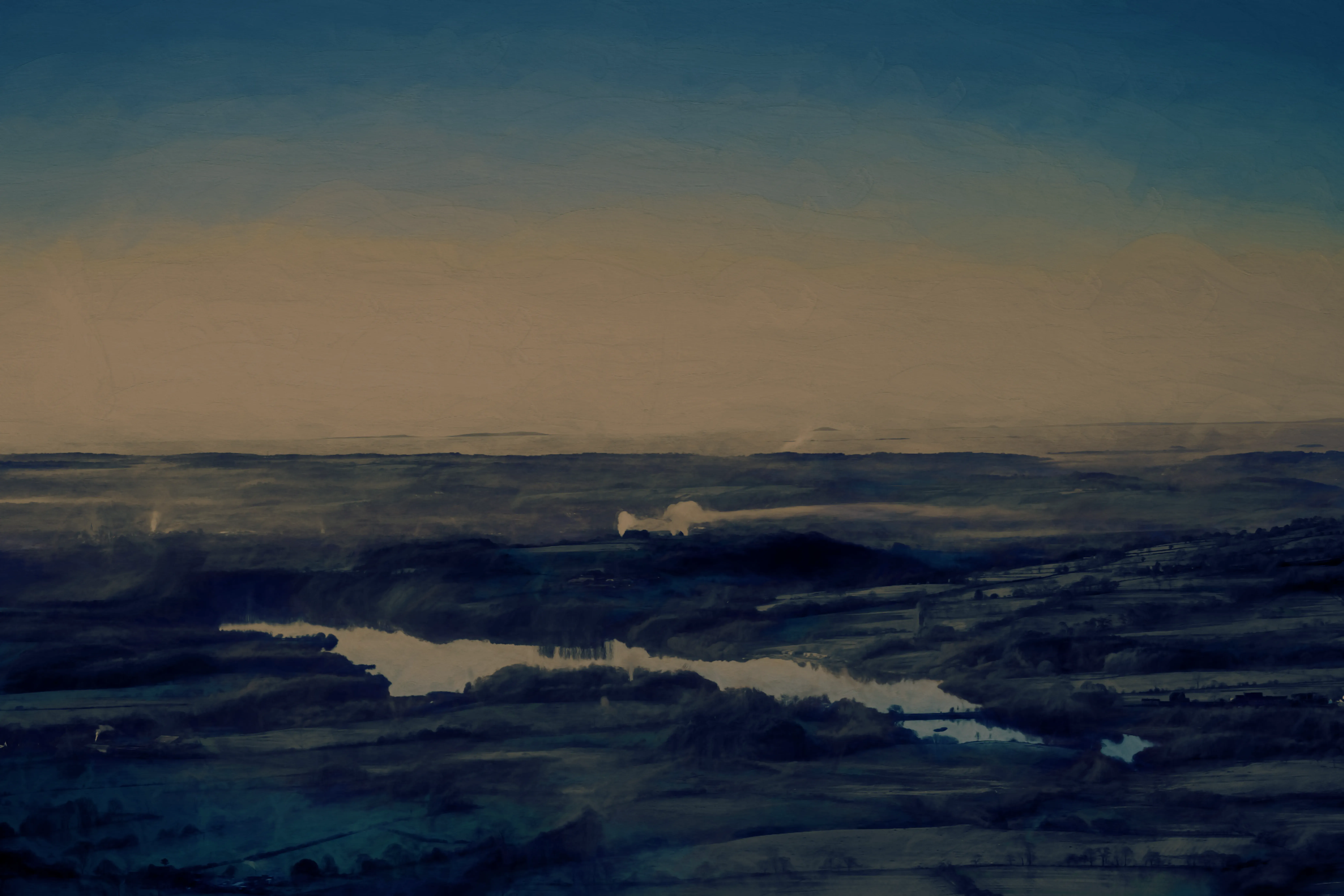 A moody, atmospheric indie TTRPG landscape with a golden horizon.